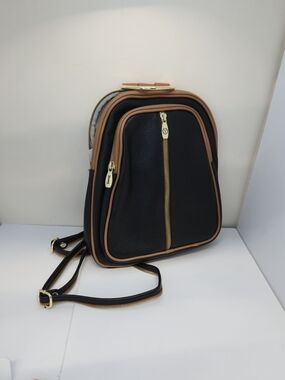 Valentina Black Leather Backpack with Tan Trim and Gold Hardware